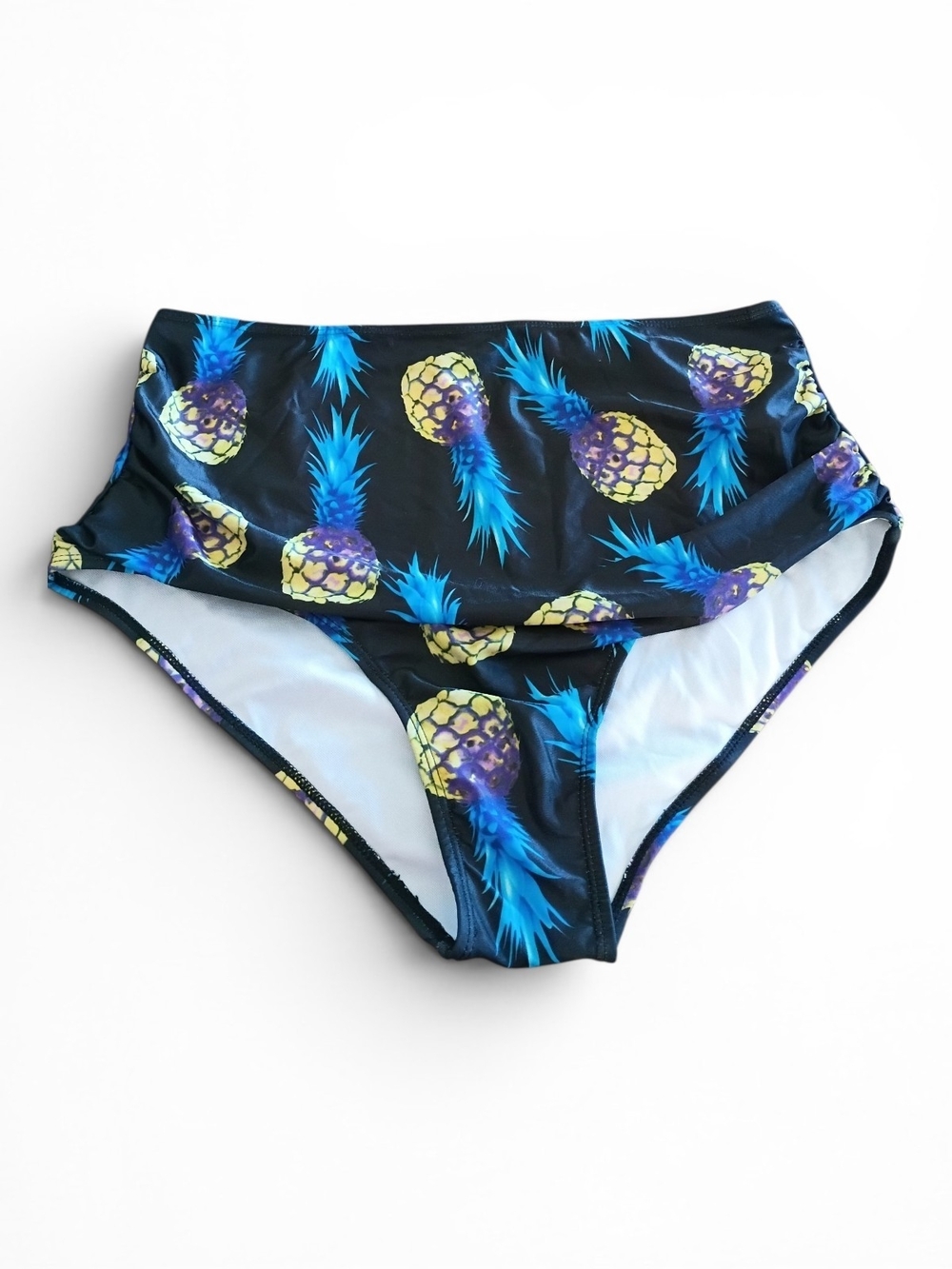 High-Waist Bikini Bottom with Blue & Yellow Pineapple Print